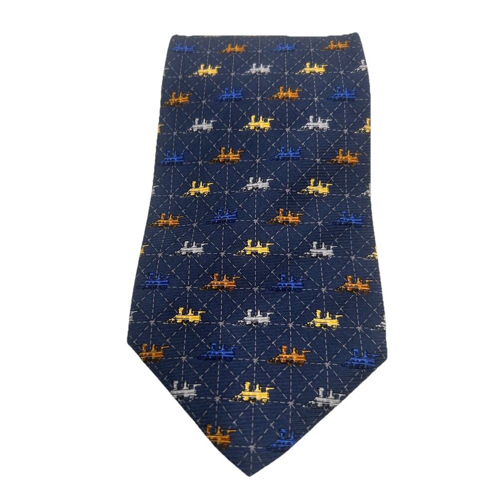 Vtg J.S. Blank & Co. Silk Men’s Tie Navy Railroad Train Print‎ American Folk Art